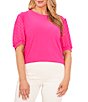 Color:Bright Rose - Image 1 - Plus Size Crew Neck Puffed Short Sleeve Mixed Media Knit Top