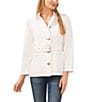 Color:Ultra White - Image 1 - Point Collar Neck Long Sleeve Button Front Belted Denim Jacket