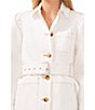 Color:Ultra White - Image 3 - Point Collar Neck Long Sleeve Button Front Belted Denim Jacket