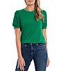 Color:Lush Green - Image 1 - Round Neck Short Puff Sleeve Mixed Media Knit Shirt