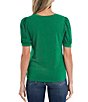 Color:Lush Green - Image 2 - Round Neck Short Puff Sleeve Mixed Media Knit Shirt