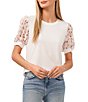 Color:New Ivory - Image 1 - Short Puff Ditsy Floral Print Sleeve Crew Neck Shirt