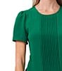 Color:Lush Green - Image 3 - Short Sleeve Pleated Front Jewel Neck Blouse