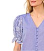 Color:Blue Air - Image 3 - V-Neck Eyelet Embroidered Puff Ruffle Short Sleeve Button Front Blouse