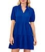 Color:Deep Royal Blue - Image 3 - Ruffle Mock V-Neck Short Puffed Sleeve Tiered Mini Dress