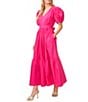 Color:Bright Rose - Image 1 - V-Neck Short Puffed Sleeve Tie Bow Back Tiered Poplin A-Line Maxi Dress