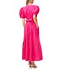 Color:Bright Rose - Image 2 - V-Neck Short Puffed Sleeve Tie Bow Back Tiered Poplin A-Line Maxi Dress