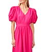 Color:Bright Rose - Image 3 - V-Neck Short Puffed Sleeve Tie Bow Back Tiered Poplin A-Line Maxi Dress