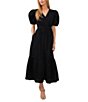 Color:Rich Black - Image 1 - V-Neck Short Puffed Sleeve Tie Bow Back Tiered Poplin A-Line Maxi Dress