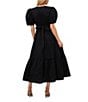 Color:Rich Black - Image 2 - V-Neck Short Puffed Sleeve Tie Bow Back Tiered Poplin A-Line Maxi Dress