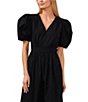Color:Rich Black - Image 3 - V-Neck Short Puffed Sleeve Tie Bow Back Tiered Poplin A-Line Maxi Dress