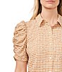 Color:Light Sand - Image 3 - Woven Gingham Print Point Collar Short Shirred Sleeve Button Front Top