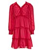 Color:Peony - Image 1 - Big Girls 7-16 Satin Ruffled Plisse Long Sleeve Tiered Dress