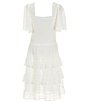Color:White - Image 2 - Big Girls 7-16 Short Sleeve Square Neck Smocked Tiered Dress