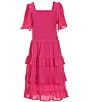 Color:Fuchsia - Image 1 - Big Girls 7-16 Short Sleeve Square Neck Smocked Tiered Dress