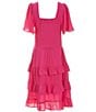 Color:Fuchsia - Image 2 - Big Girls 7-16 Short Sleeve Square Neck Smocked Tiered Dress