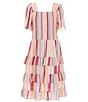 Color:Multi Stripe - Image 1 - Big Girls 7-16 Striped Short Sleeve Square Neck Smocked Tiered Dress