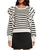 Color:Ivory - Image 1 - Striped Ruffle Detail Crew Neck Sweater