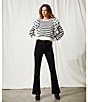 Color:Ivory - Image 6 - Striped Ruffle Detail Crew Neck Sweater