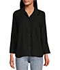 Color:Rich Black - Image 1 - Tencel Point Collar 3/4 Sleeve Shirttail Hem Button Front Patch Pocket Shirt