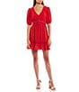 Color:Red - Image 1 - Puffed Sleeve Fit-And-Flare Dress