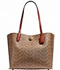 Color:Tan Rust/Brass - Image 1 - Signature Logo Willow Canvas and Leather Tote Bag