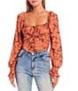 Color:Toasted Nut - Image 1 - Fitted Woven Square Neck Long Puff Sleeves Printed Top