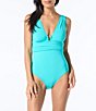 Color:Aqua Marine - Image 1 - Emerald Solid V-Neck Ruched Detail One Piece Swimsuit