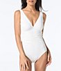 Color:White - Image 1 - Solitaire Solid Ultra Matte Jersey V-Neck Underwire Bra Sized Shaping One Piece Swimsuit