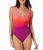 Color:Magenta - Image 1 - Stellar Ombre Print V-Neck Bra Size Underwire Shaping One Piece Swimsuit