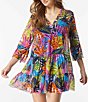 Color:Multi - Image 1 - Eclectic Jungle Floral Tropical Print Mesh Bell Sleeve Swim Cover-Up Dress
