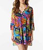 Color:Multi - Image 3 - Eclectic Jungle Floral Tropical Print Mesh Bell Sleeve Swim Cover-Up Dress