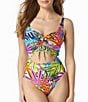 Color:Multi - Image 1 - Eclectic Jungle Tropical Print Ruched Sweetheart Underwire One Piece Swimsuit