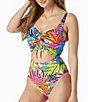 Color:Multi - Image 3 - Eclectic Jungle Tropical Print Ruched Sweetheart Underwire One Piece Swimsuit