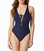 Color:Navy Captain - Image 1 - Sultry Solid Crochet Underwire Lace-Up Plunge Tummy Control One Piece Swimsuit