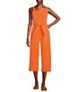 Color:Orange - Image 1 - Sleeveless Square Neck Tie Waist Jumpsuit