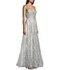 Color:Silver - Image 3 - Glitter Lace Deep V-Neck Ball Gown