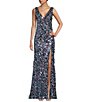 Color:Black Multi - Image 1 - Sequin Deep V-Neck Side Slit Long Dress
