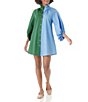 Color:Pine/Hyacinth - Image 1 - Balloon Long Sleeve Button Front Color Block Olive Dress
