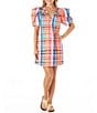 Color:Picnic Plaid - Image 1 - Emilia V-Neckline Short Puff Sleeve A-Line Dress