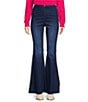 Color:Dark Blue - Image 1 - High Rise Raw Edge Flare Jeans