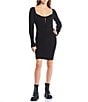 Color:Black - Image 1 - Ribbed Long Sleeve Lace-Up Front Bodycon Dress