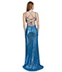 Color:Blue - Image 6 - Sequin Butterfly Applique V-Neck Lace Up Back Cutout Gown