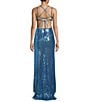 Color:Blue - Image 2 - Sequin Butterfly Applique V-Neck Lace Up Back Cutout Gown