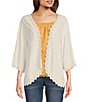 Color:Off White Natural - Image 1 - Embroidered 3/4 Sleeve Scalloped Trim Open-Front Kimono