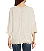 Color:Off White Natural - Image 2 - Embroidered 3/4 Sleeve Scalloped Trim Open-Front Kimono