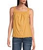 Color:Golden - Image 1 - Embroidered Ruched Square Neck Sleeveless Scallop Hem Tank Top