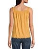 Color:Golden - Image 2 - Embroidered Ruched Square Neck Sleeveless Scallop Hem Tank Top