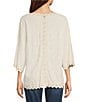 Color:Off White Natural - Image 2 - Petite Size Embroidered 3/4 Sleeve Scalloped Trim Open-Front Kimono