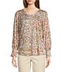 Color:Wisteria Multi - Image 1 - Petite Size Knit Floral Print V-Neck Long Cuffed Sleeve Knit Top